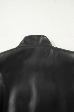 Black Double Flap Pocket Faux Leather Zip Up Stand Neck Vest