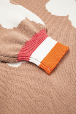 Smoke Gray Big Flower Pattern Contrast Striped Baggy Sweater