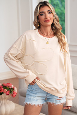 Beige Raw Edge Flower Patch Drop Shoulder Long Sleeve Top