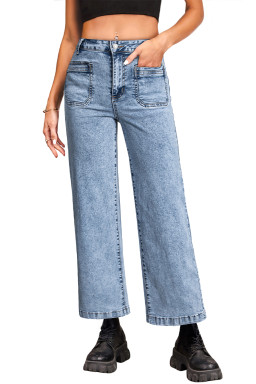 Light Blue Chic Patch Pocket Straight Leg Loose Jeans