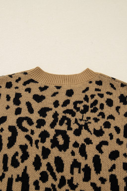 Light French Beige Leopard Round Neck Long Sleeve Sweater