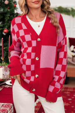 Fiery Red Colorblock Plaid Button Knit Cardigan