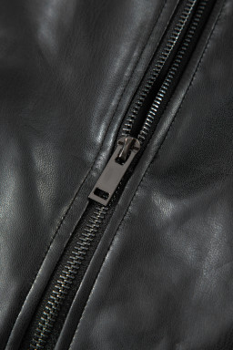 Black Double Flap Pocket Faux Leather Zip Up Stand Neck Vest