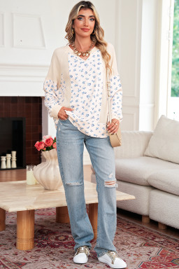 Beige Floral Print Waffle Patchwork Balloon Sleeve V Neck Oversized Top