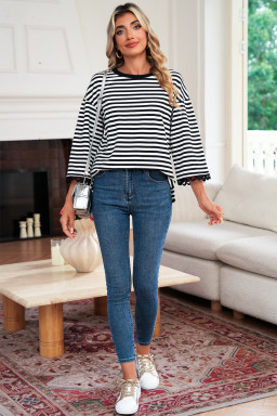 Black Striped Round Neck Contrast Lace Trim Bell Sleeve Top