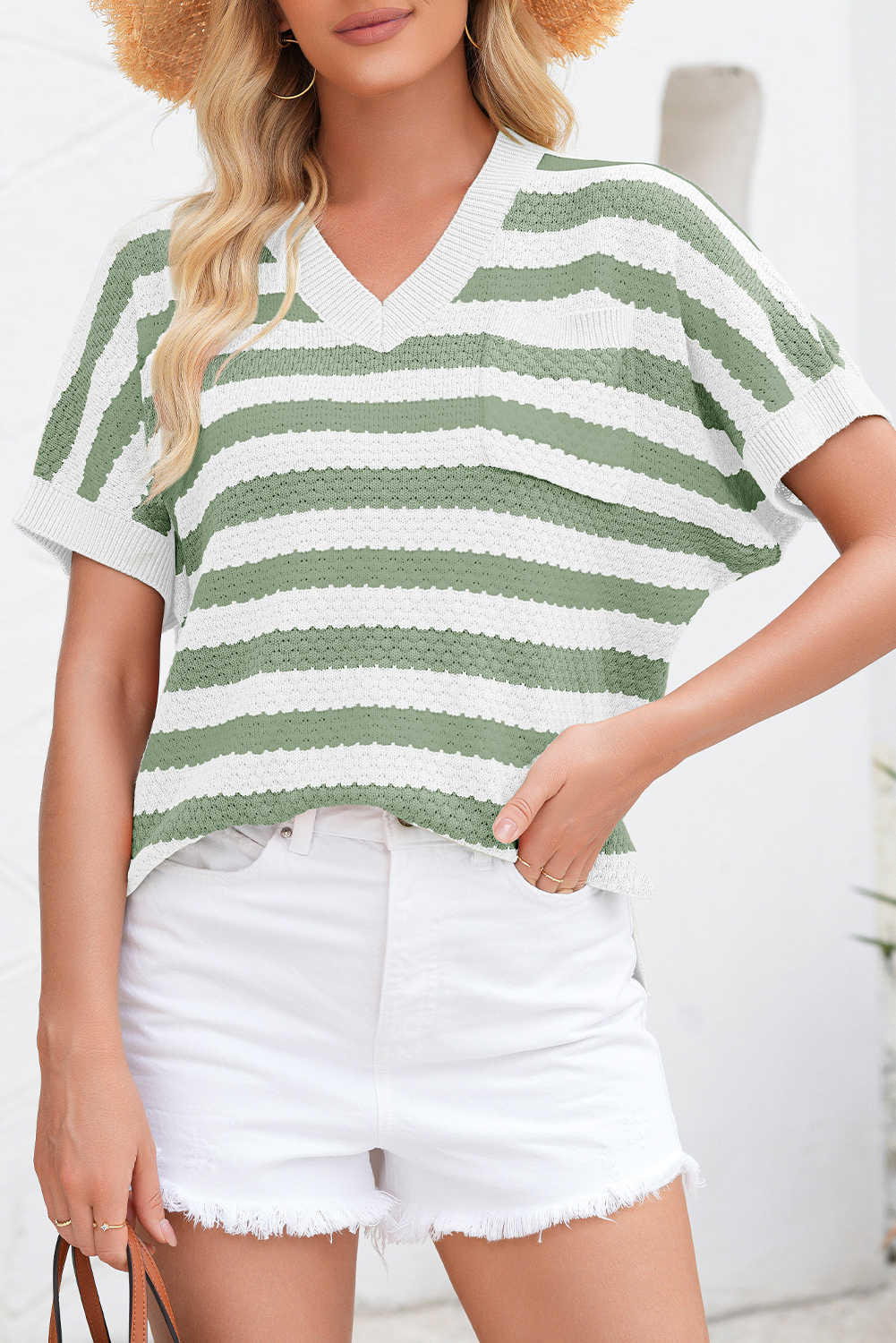 Green Stripe V Neck Short Sleeve Sweater with Side Slits