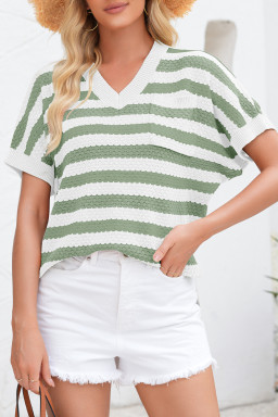 Green Stripe V Neck Short Sleeve Sweater with Side Slits