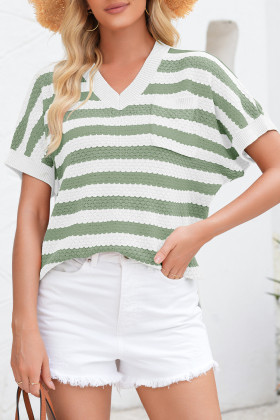 Green Stripe V Neck Short Sleeve Sweater with Side Slits