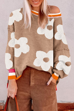 Smoke Gray Big Flower Pattern Contrast Striped Baggy Sweater