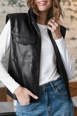 Black Double Flap Pocket Faux Leather Zip Up Stand Neck Vest