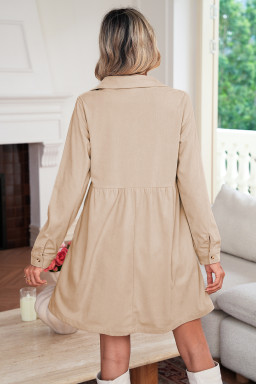 Oatmeal Corduroy Half Button Collared Long Sleeve Mini Dress