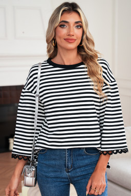 Black Striped Round Neck Contrast Lace Trim Bell Sleeve Top