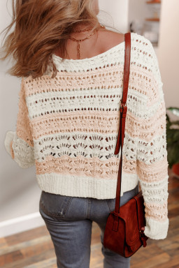 Pink Hollow-out Colorblock Drop Shoulder Casual Sweater