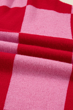 Fiery Red Colorblock Plaid Button Knit Cardigan