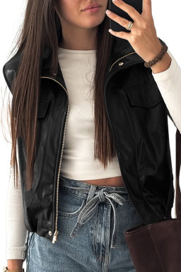 Black Double Flap Pocket Faux Leather Zip Up Stand Neck Vest
