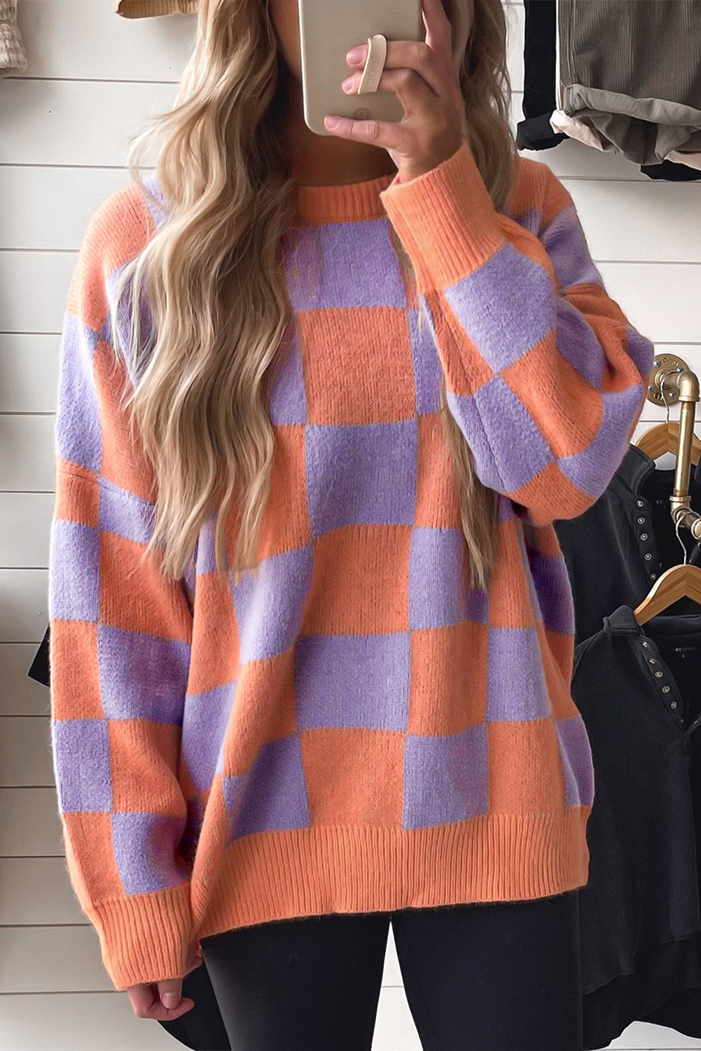 Grapefruit Orange Checkered Pattern Ribbed Trim Knit Baggy Sweater