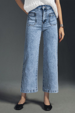 Light Blue Chic Patch Pocket Straight Leg Loose Jeans