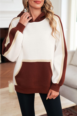 Coffee Colorblock Kangaroo Pocket Long Sleeve Hoodie