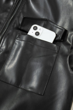 Black Double Flap Pocket Faux Leather Zip Up Stand Neck Vest