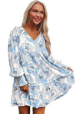 Sky Blue Floral Print Tie Neck Long Sleeve Flowy Mini Dress