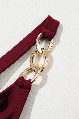 Burgundy Grommet Shoulder Strap Pleated Swim Dress