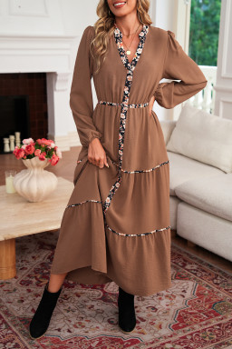 Chestnut Floral Patchwork Notched Neck Long Sleeve Maxi Dress