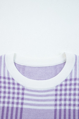 Lilac Plaid Print Ribbed Trim Loose Sweater