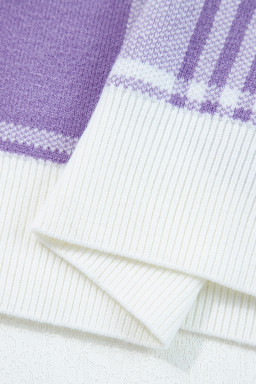 Lilac Plaid Print Ribbed Trim Loose Sweater