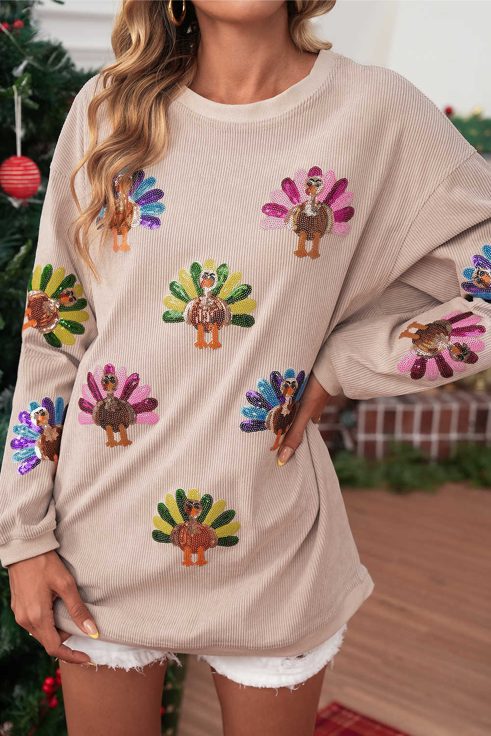 Smoke Gray Turkey Patch Application Graphic Corded Baggy Sweatshirt