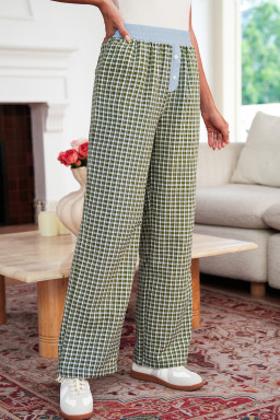 Brown Plaid Button High Waist Patchwork Pants
