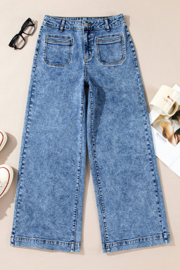 Blue Chic Patch Pocket Straight Leg Loose Jeans