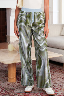 Brown Plaid Button High Waist Patchwork Pants