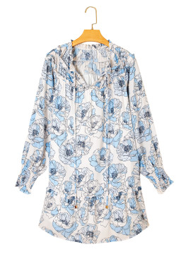 Sky Blue Floral Print Tie Neck Long Sleeve Flowy Mini Dress