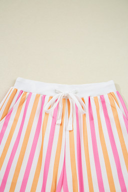 Pink Stripe Drop Shoulder Half Sleeve Loose Tee and Shorts Casual Set