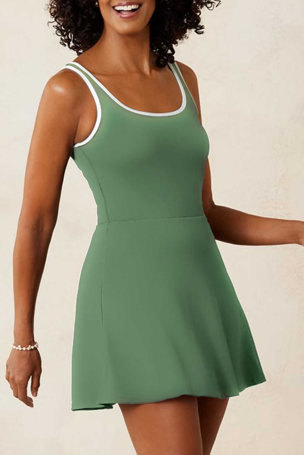 Moss Green Contrast Edge Ruffled High Waist One Piece Swim Dress