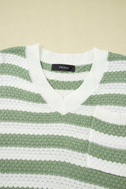 Green Stripe V Neck Short Sleeve Sweater with Side Slits