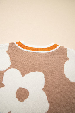 Smoke Gray Big Flower Pattern Contrast Striped Baggy Sweater