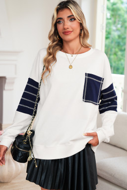 White Denim Patchwork Ribbed Round Neck Pullover Sweatshirt