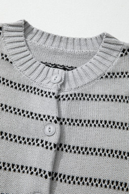 Gray Stripe Button Front Ribbed Trim Short Cardigan