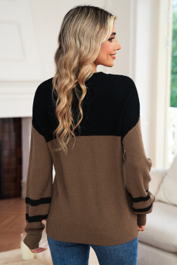 Dark Brown Colorblock Striped Sleeve Detail Knit Sweater