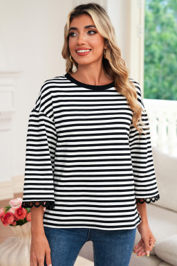 Black Striped Round Neck Contrast Lace Trim Bell Sleeve Top