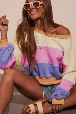 Phalaenopsis Color Block Patchwork Drop Shoulder Cropped Sweatshirt