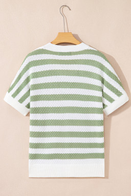 Green Stripe V Neck Short Sleeve Sweater with Side Slits