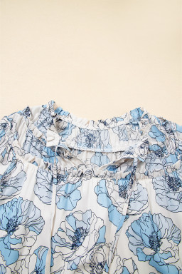 Sky Blue Floral Print Tie Neck Long Sleeve Flowy Mini Dress