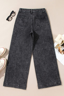 Black Chic Patch Pocket Straight Leg Loose Jeans