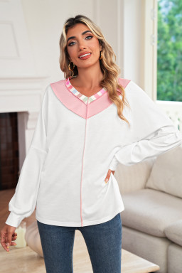 White Rainbow Striped V Neck Colorblock French Terry Top