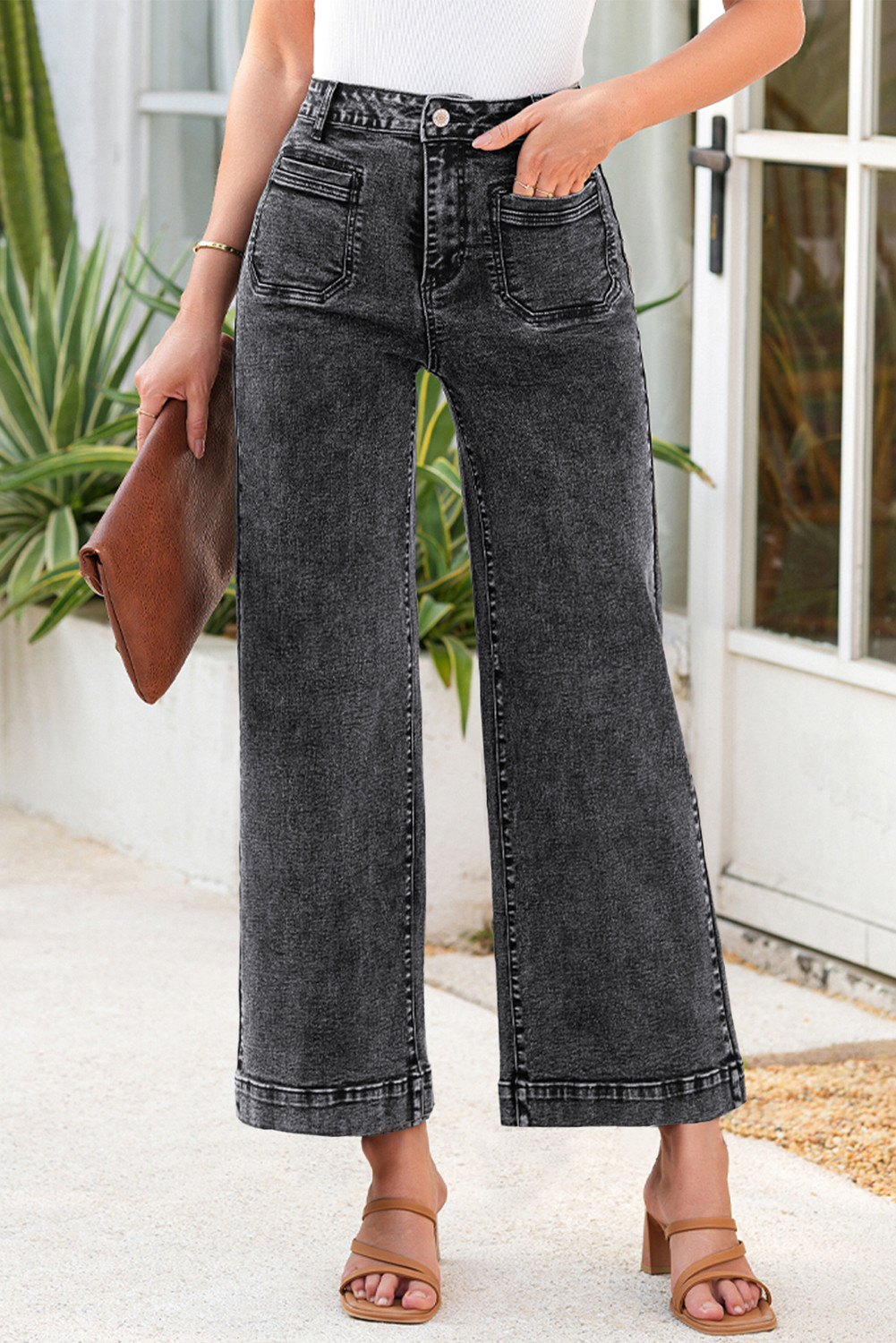 Black Chic Patch Pocket Straight Leg Loose Jeans