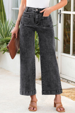 Black Chic Patch Pocket Straight Leg Loose Jeans
