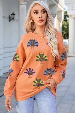 Orange Turkey Graphic Sequins Patch Corded Baggy Sweatshirt