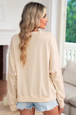 Beige Raw Edge Flower Patch Drop Shoulder Long Sleeve Top
